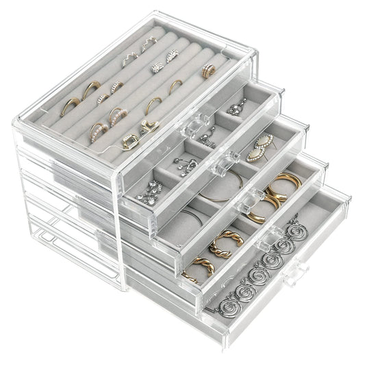 UYBeauty Acrylic Jewelry Box with 5 Drawers,Velvet Jewellery Organizer,Jewelry Storage Case for Earring Necklace,Ring Organizer Storage…