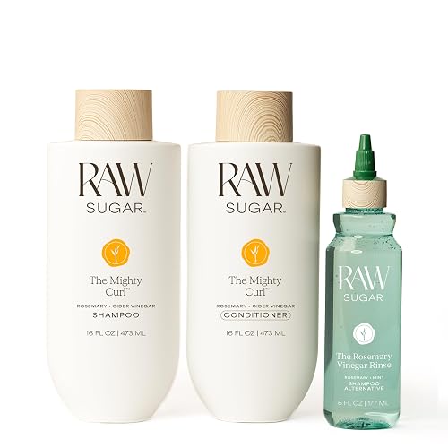 Raw Sugar The Mighty Curl Hair Care Duo and Rosemary Vinegar Hair Rinse (3 Products) Gently Cleanses, Defines Curls & Boosts Shine, Without SLS/SLES