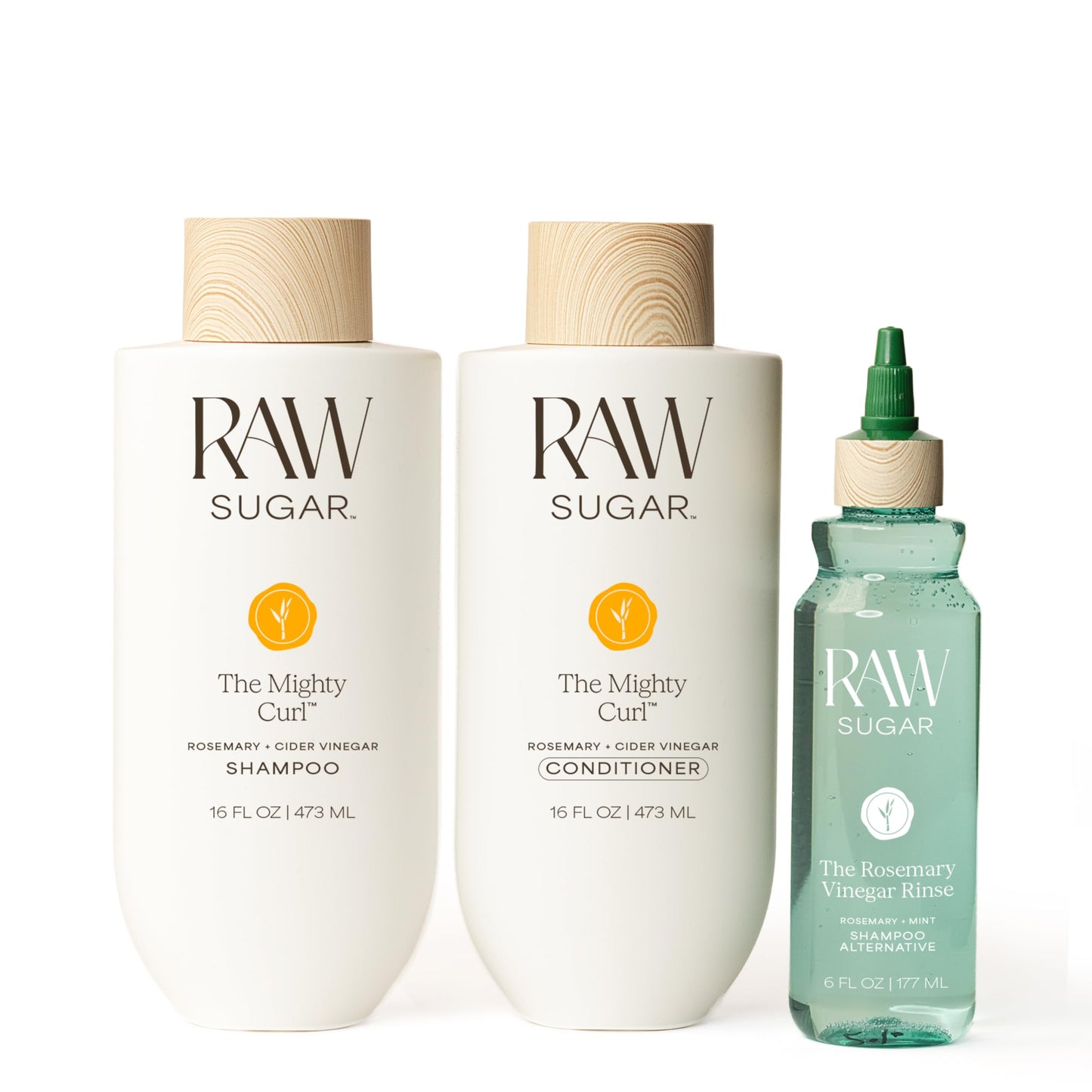 Raw Sugar The Mighty Curl Hair Care Duo and Rosemary Vinegar Hair Rinse (3 Products) Gently Cleanses, Defines Curls & Boosts Shine, Without SLS/SLES