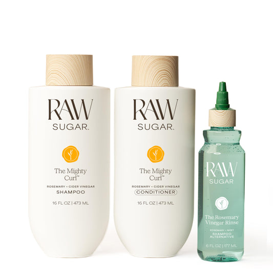 Raw Sugar The Mighty Curl Hair Care Duo and Rosemary Vinegar Hair Rinse (3 Products) Gently Cleanses, Defines Curls & Boosts Shine, Without SLS/SLES