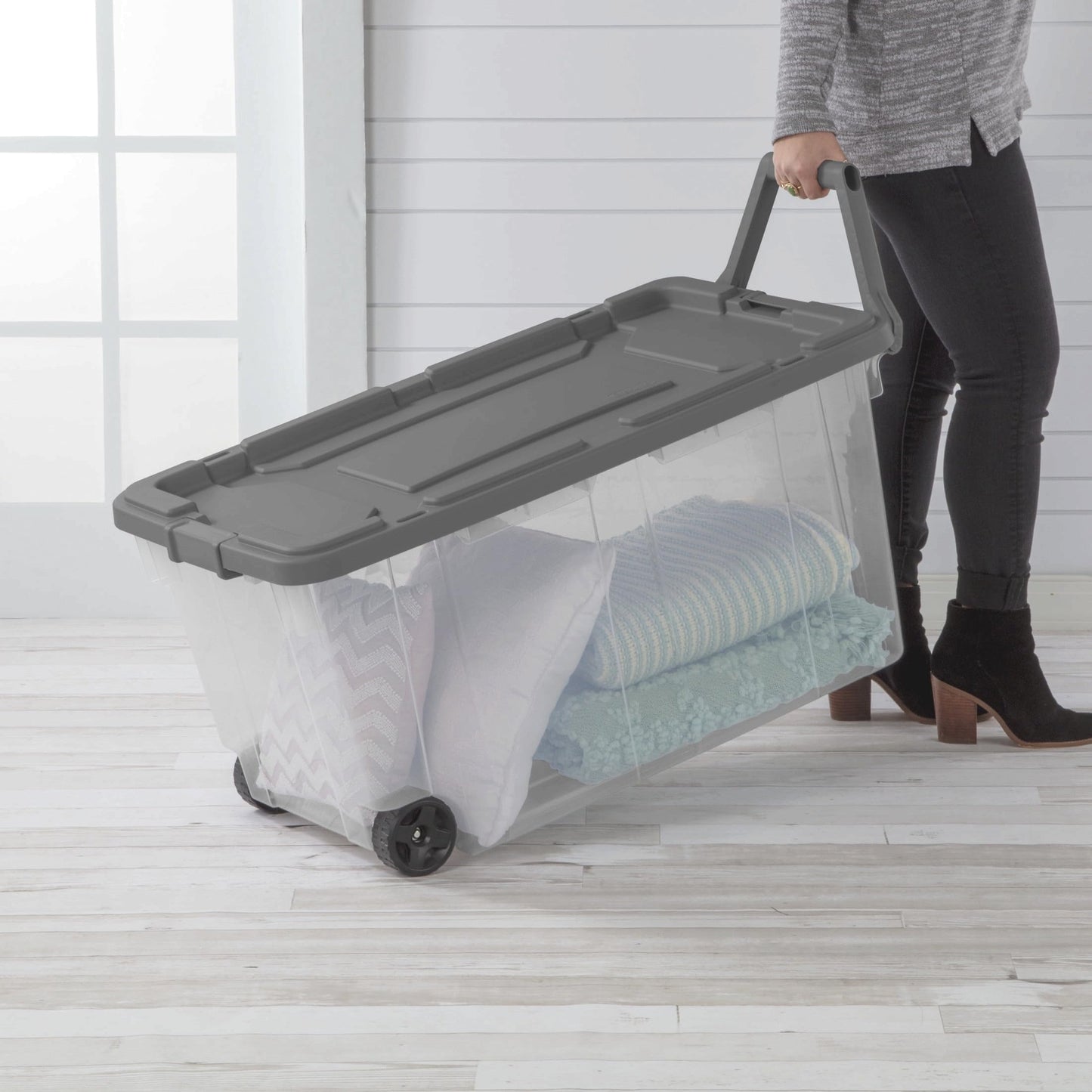 Ouyniei Clear Storage Container with Wheels, Large Rolling Bin with Gray Lid, 36.75x21.38x18 Inch, Moisture-Resistant Storage Box for Transport