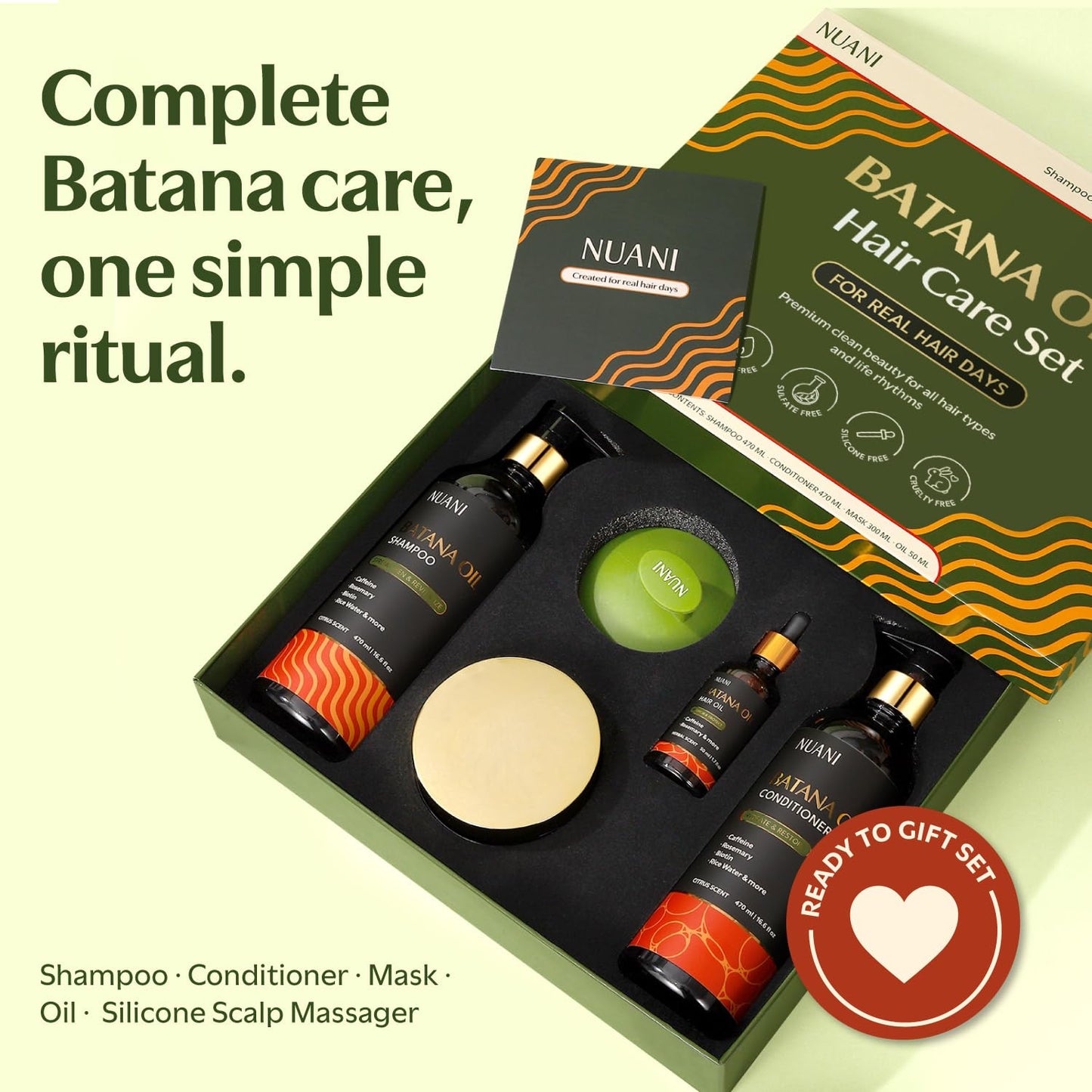 Nuani Batana Oil Shampoo and Conditioner Set (16 fl oz / 470 ml) with Rosemary & Caffeine | Includes Deep Mask, Hair Oil & Silicone Scalp Massager |
