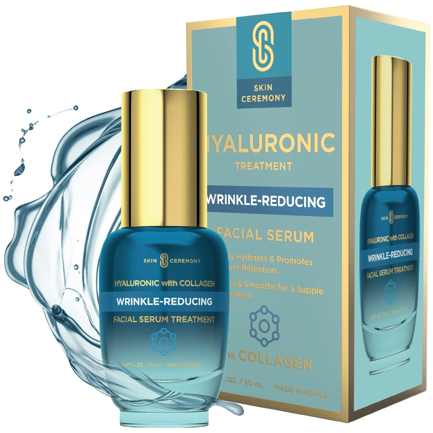 Skin Ceremony Hyaluronic Acid & Collagen Wrinkle Reducing Serum - Deep Hydration, Plumps & Smooths Skin - Dermatologist Tested, Clean Beauty, Korean
