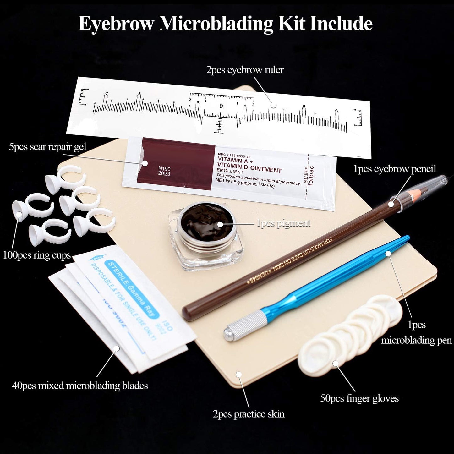 Fenshine Eyebrow Practice Kit with Blades Pigment Practice Skin Eyebrow Ruler Repair Gel Ring Cup Finger Gloves Pencil