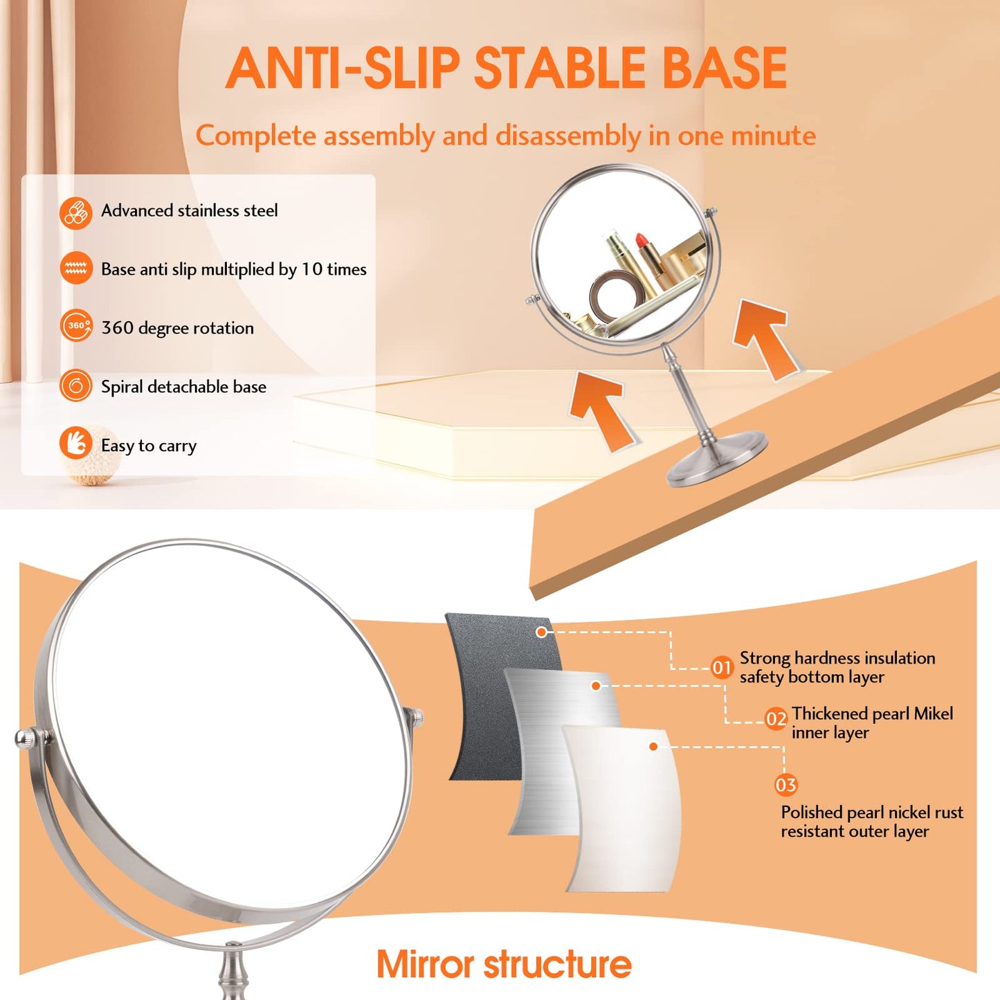 Ohotecy Makeup Mirror 8" Magnifying Mirror 1/10X Magnification, Large Table top Double-Sided Swivel Vanity Mirror Chrome Finish