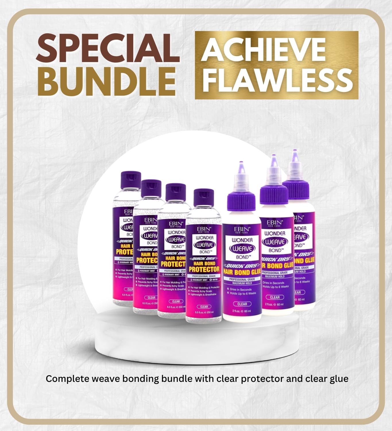EBIN NEW YORK 4x Wonder Weave Bond Hair Protector (Clear) 8.5 oz Bundle with 3x Hair Bond Glue (Clear) 2 oz Protective Shield & Secure Hold - Seamless