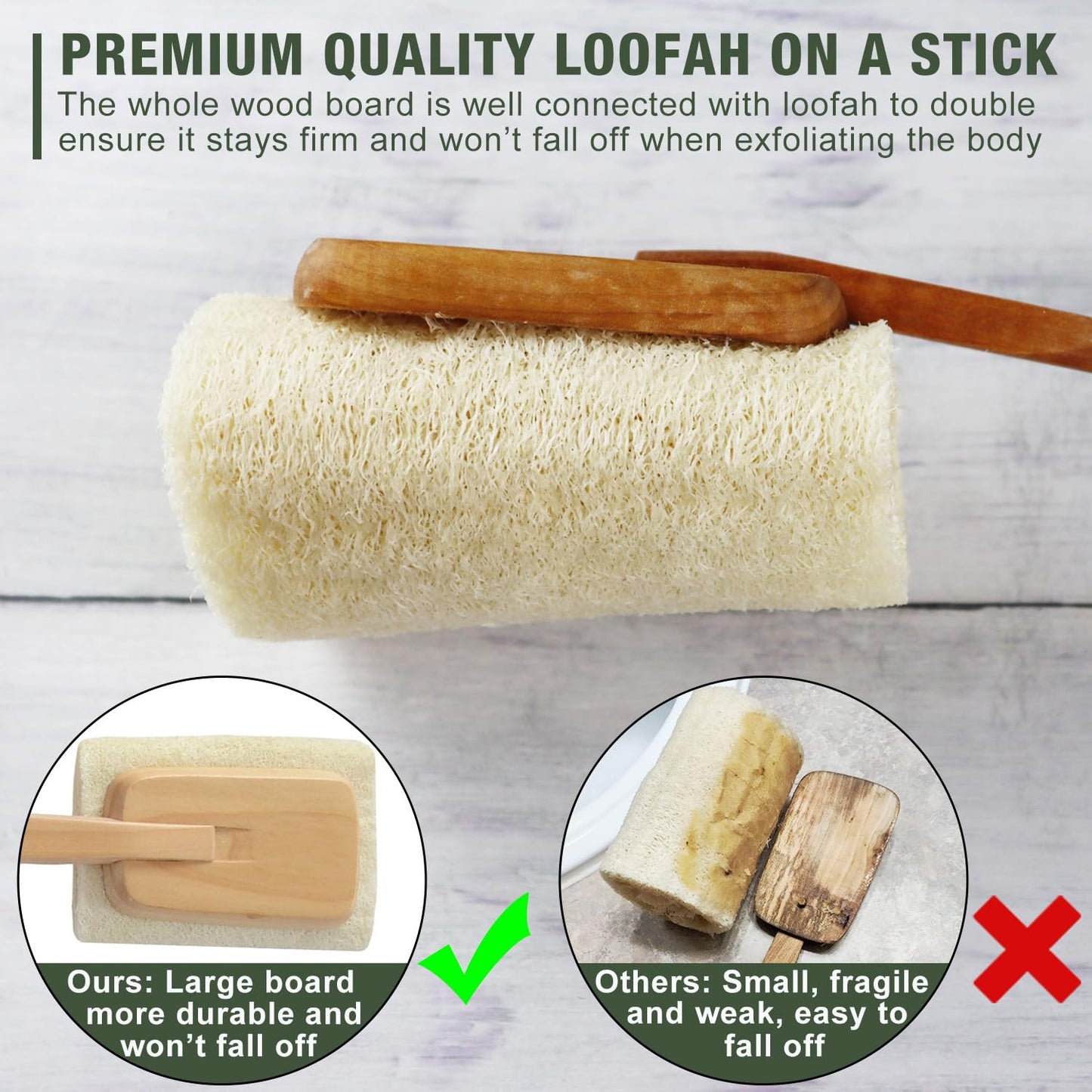 2 Pack Natural Exfoliating Loofah Luffa Loofa Bath Brush On a Stick, Shower Sponge Back Scrubber with Long Wooden Handle for Men & Women, Deep Clean