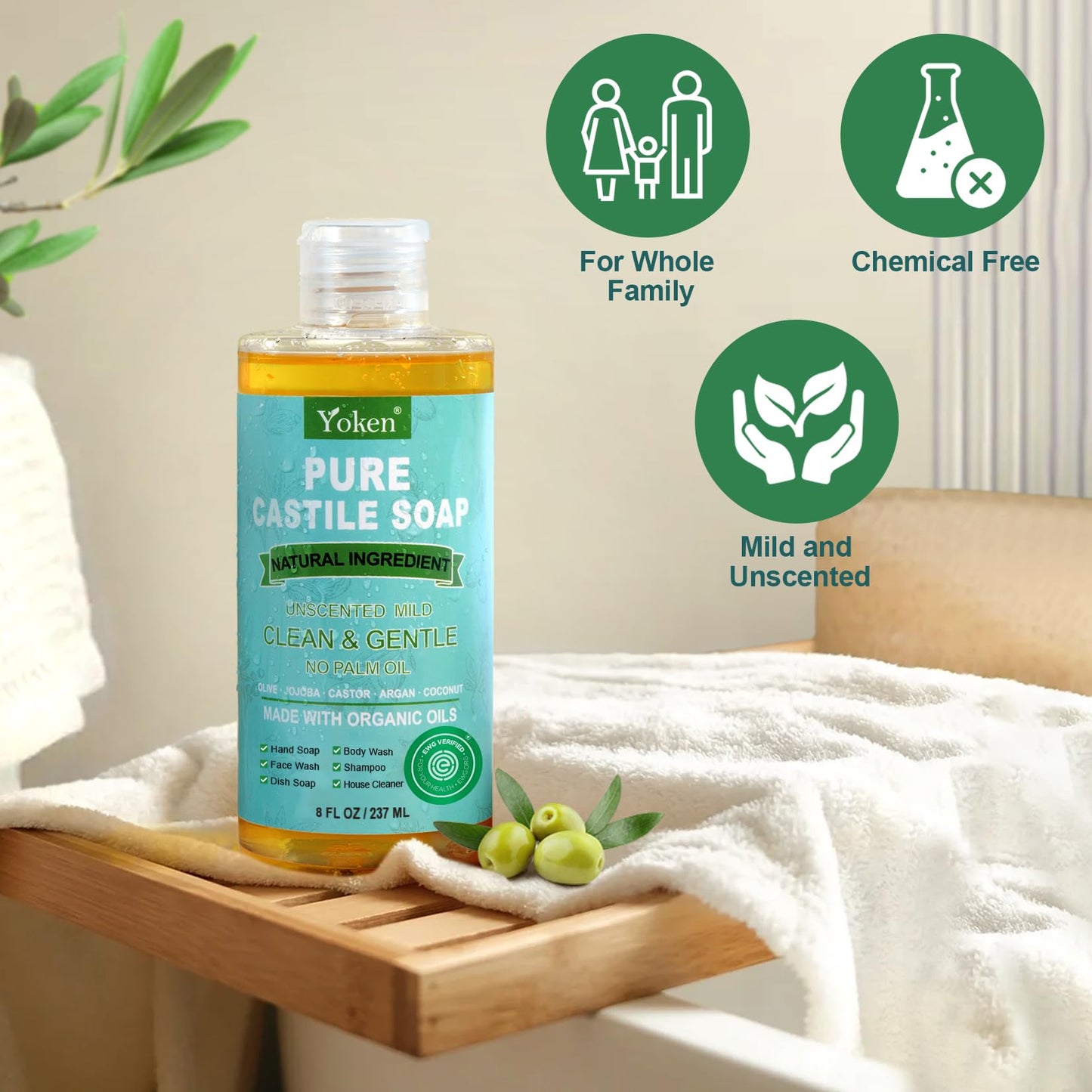 Yoken Pure Castile Liquid Soap 8 Oz Unscented with Organic Oil EWG Verified Beauty and Personal Care Yoken