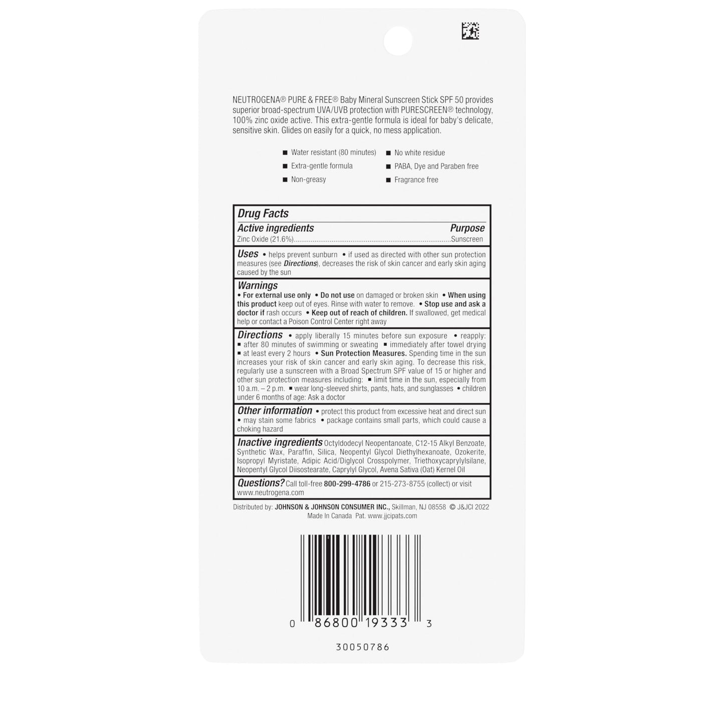 Neutrogena Pure & Free Baby Mineral Sunscreen Stick with Broad Spectrum SPF 50 & Zinc Oxide, Water-Resistant, Hypoallergenic, Paraben-, Dye-