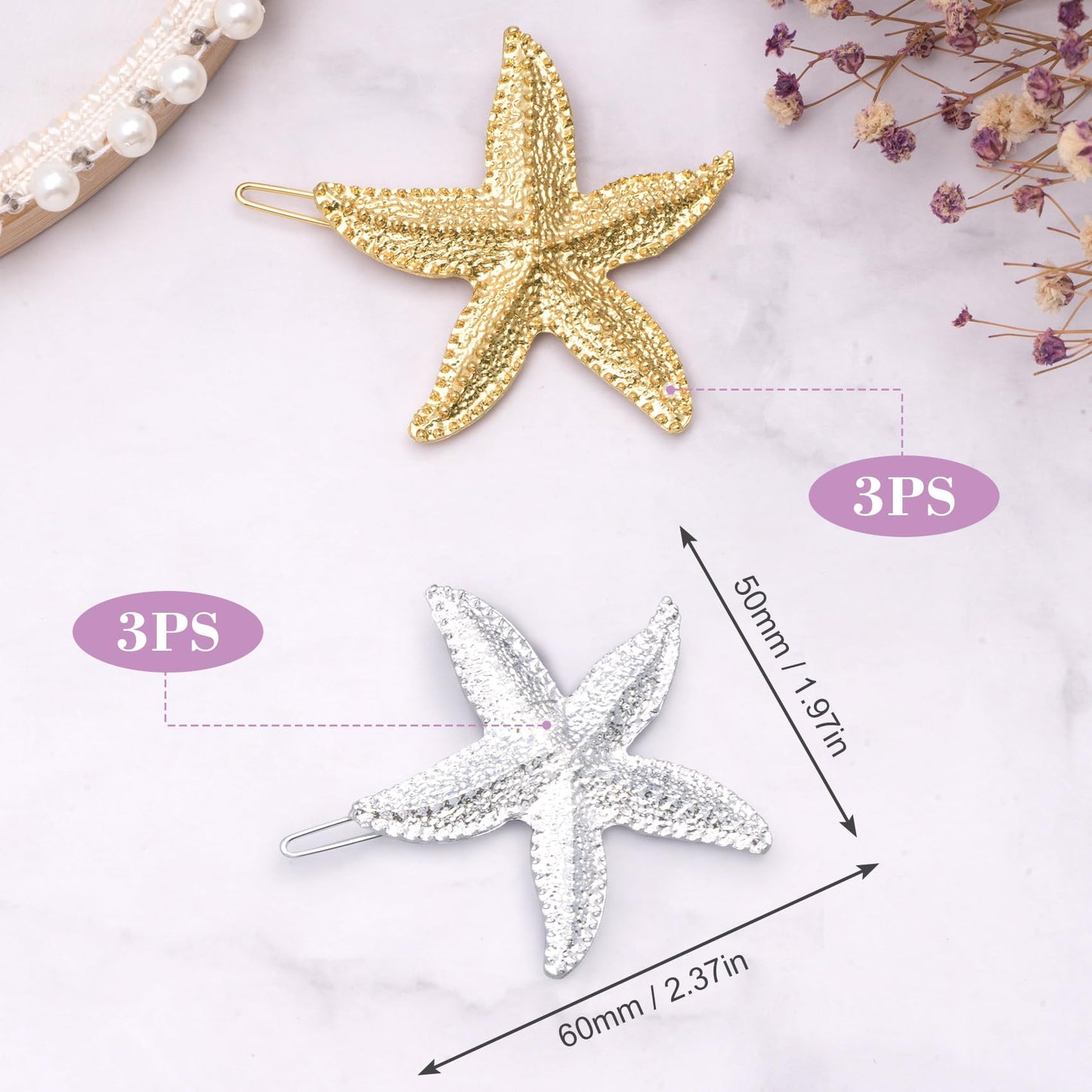HINZIC 6PCS Starfish Hair Clips, Mermaid Sea Star Ponytail Holder Gold Silver Glitter Bangs Side Barrettes Hair Accessories for Women Halloween