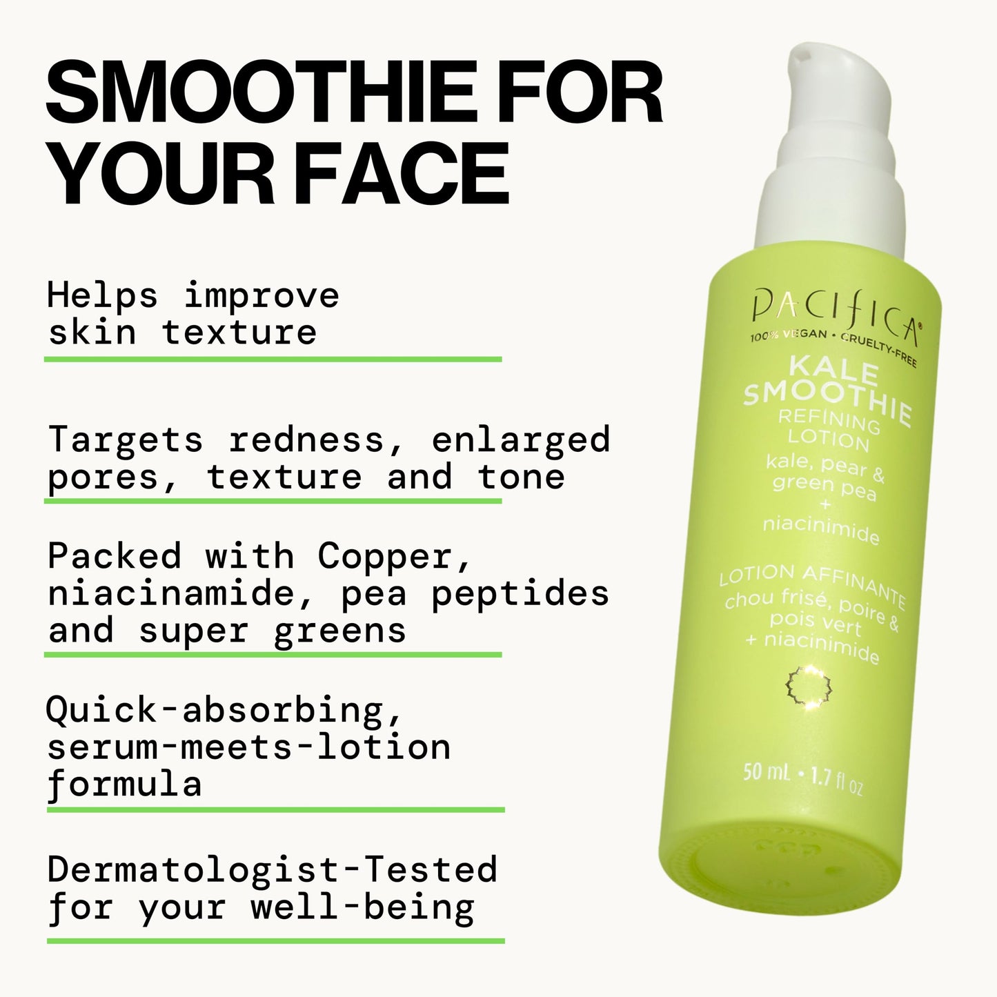 Pacifica Kale Smoothie Face Lotion, Refining Skincare, Face Moisturizer, Niacinamide, Vitamin C and E, Minimize Pores, Face Serum, For All Skin Types