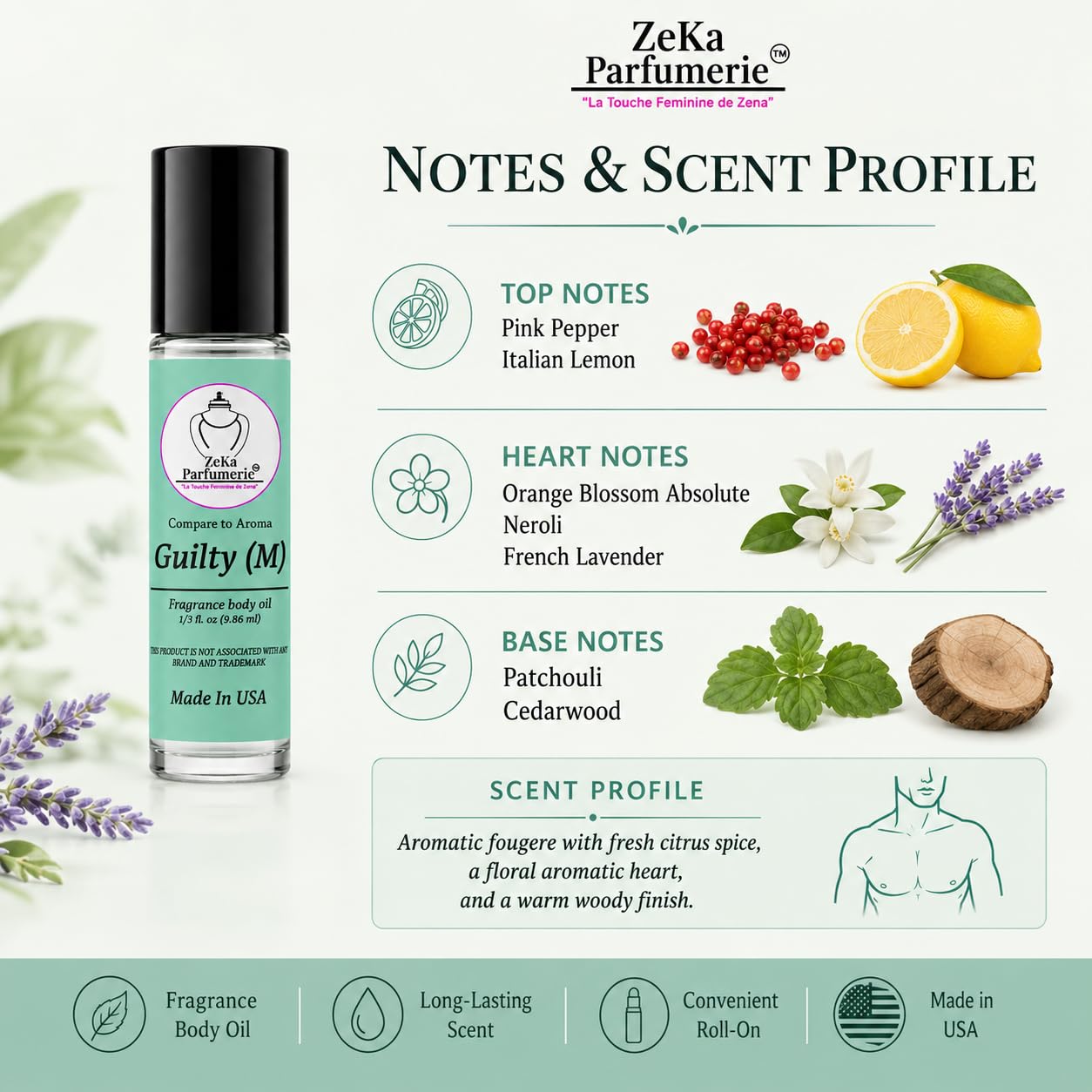 ZEKA PARFUMERIE Compare to Aroma compatible with Guilty for Men Fragrance Body oil on 1/3 oz (9.86ml) Travel size Roll-On Botlle