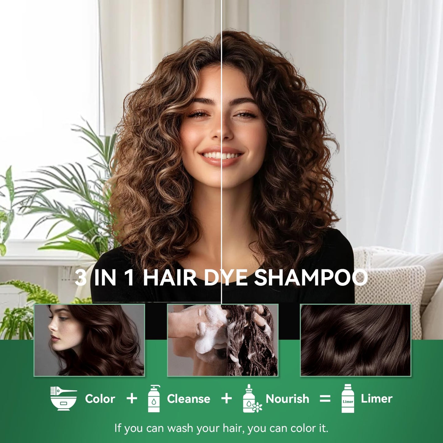 Limer Hair Dye Shampoo - 3-in-1 Hair Color Shampoo, Dark Ash Brown, 6 Herbal Extracts, 100% Gray Coverage, Non-Damaging, Long Lasting for 6-8 Weeks Beauty and Personal Care Limer