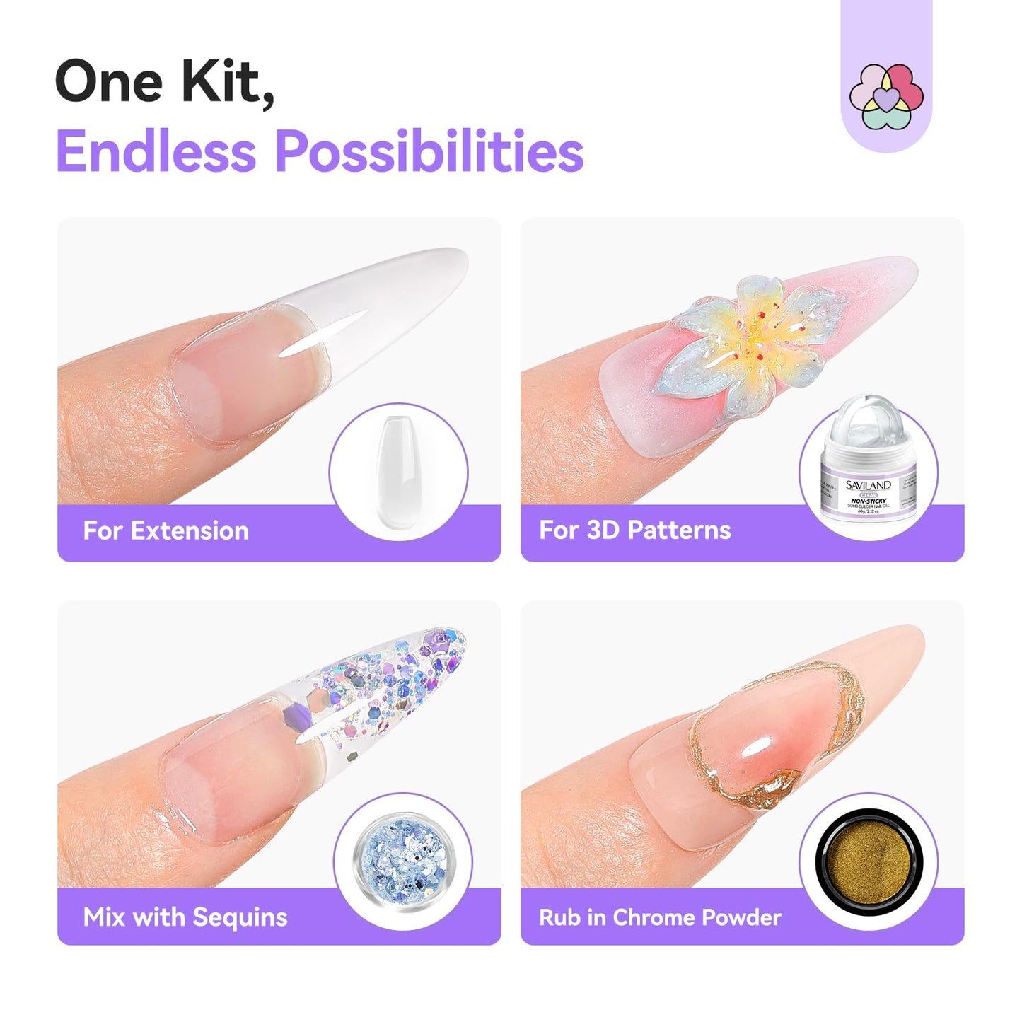 SAVILAND Non Sticky Solid Builder Nail Gel Kit: 4 Color Long-lasting Clear Nude White Pink Solid Hard Gel with Chrome Nail Powder for Nail Extension Beauty and Personal Care SAVILAND