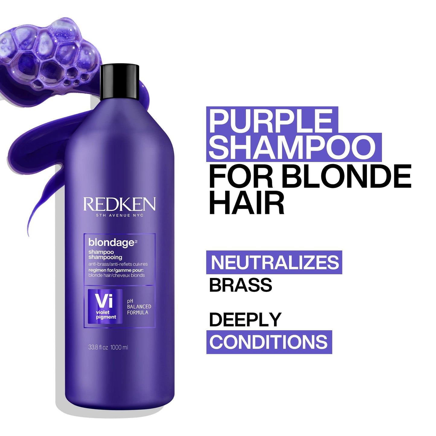 Redken Blondage Color Depositing Purple Shampoo For Blonde, Bleached or Highlighted Hair - Neutralizes Brassy Tones With Salicylic Acid, 33.8 Fl Oz