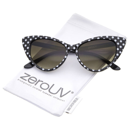zeroUV - Polka Dot Cat Eye Womens Mod Fashion Super Cat Sunglasses (Black-White/Smoke Gradient)