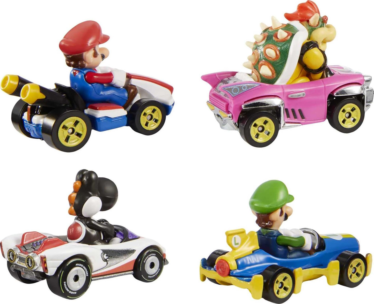 Hot Wheels Mario Kart Set of 4 Die-Cast Toy Cars with Attached Character Drivers, Includes Black Yoshi (Amazon Exclusive)