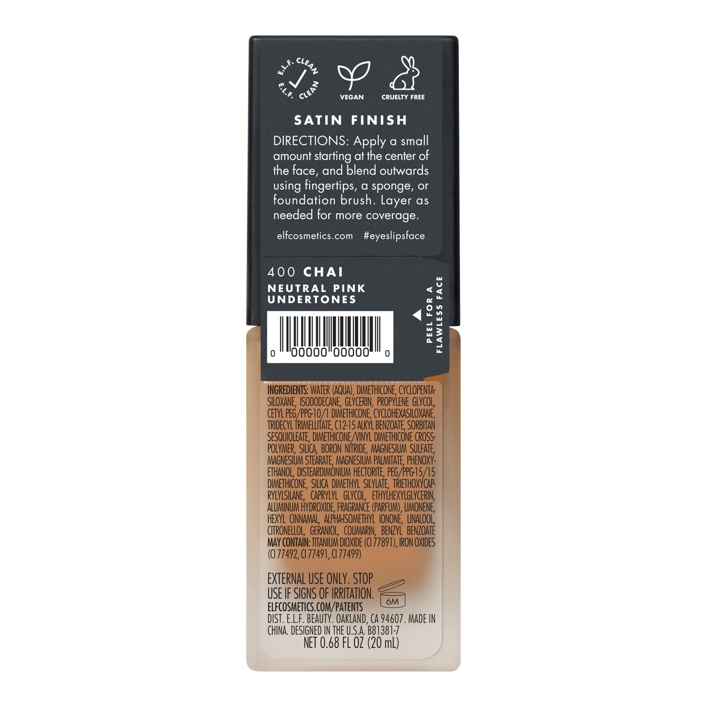 e.l.f. Flawless Satin Foundation, Lightweight & Medium Coverage, Semi-Matte Finish, Vegan & Cruelty-Free, Chai, 0.68 Fl Oz (20mL)