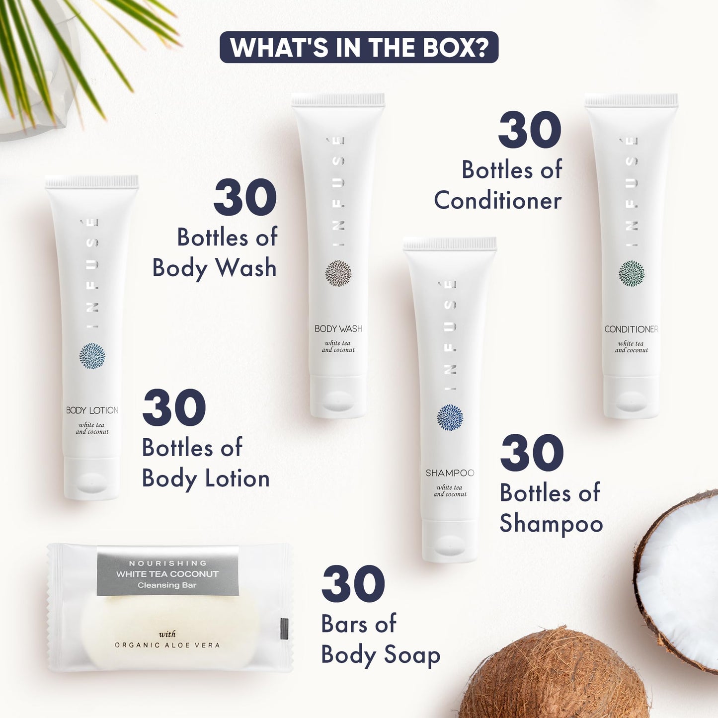 Infuse Pure White Tea and Coconut Hotel Soaps and Toiletries Bulk Set | 1-Shoppe All-In-Kit for Airbnb | 1oz Shampoo & Conditioner, Body Wash, Lotion