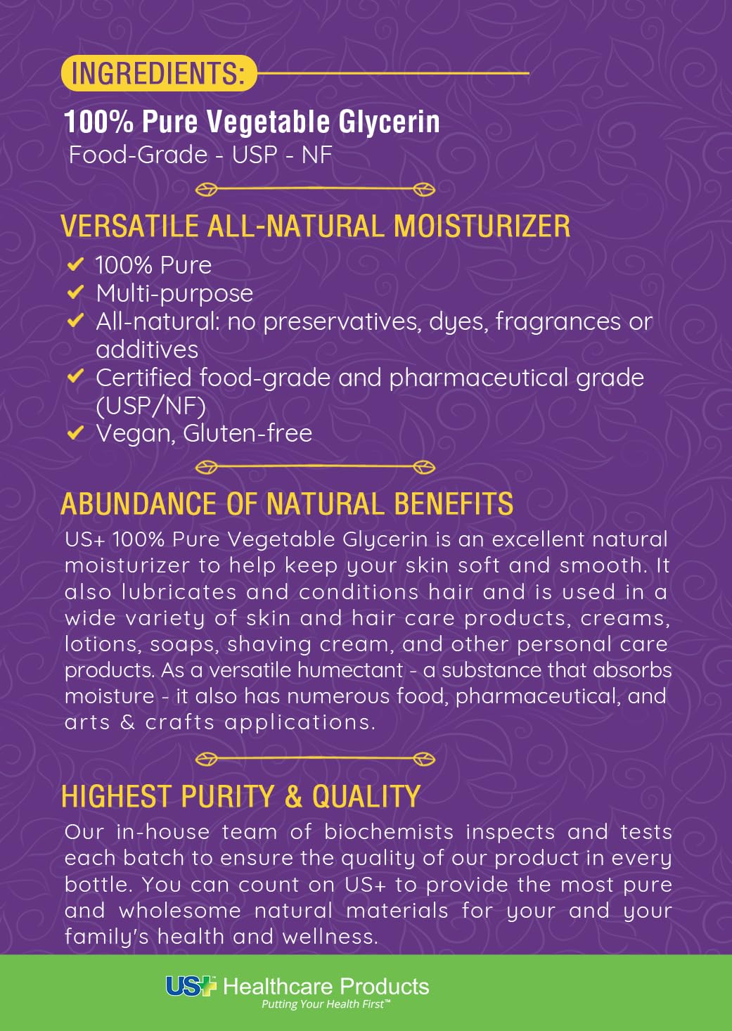US+ 100% Pure Vegetable Glycerin - Pharmaceutical & Food Grade (USP) - All-natural moisturizer & cleanser - Non-GMO - For skin, hair, soaps and more Beauty and Personal Care US+
