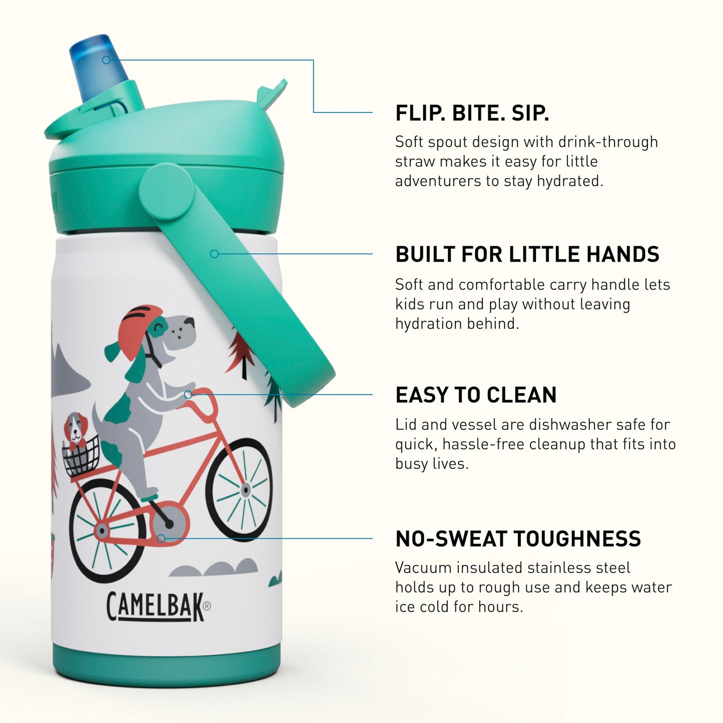CamelBak Thrive Flip Straw Kids Bite Valve Stainless Steel Water Bottle Biking Dogs, 12oz