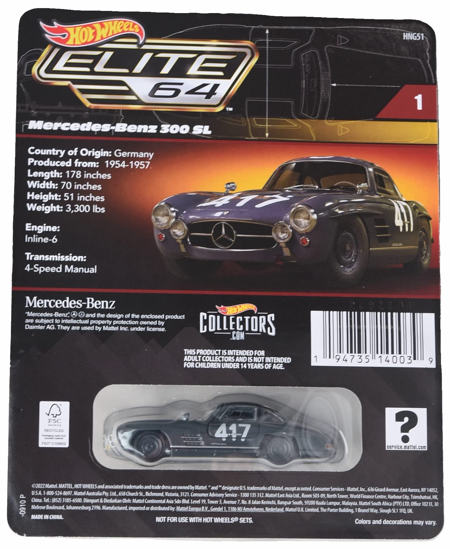 Hot Wheels Mercedes Benz 300 SL, Elite 64