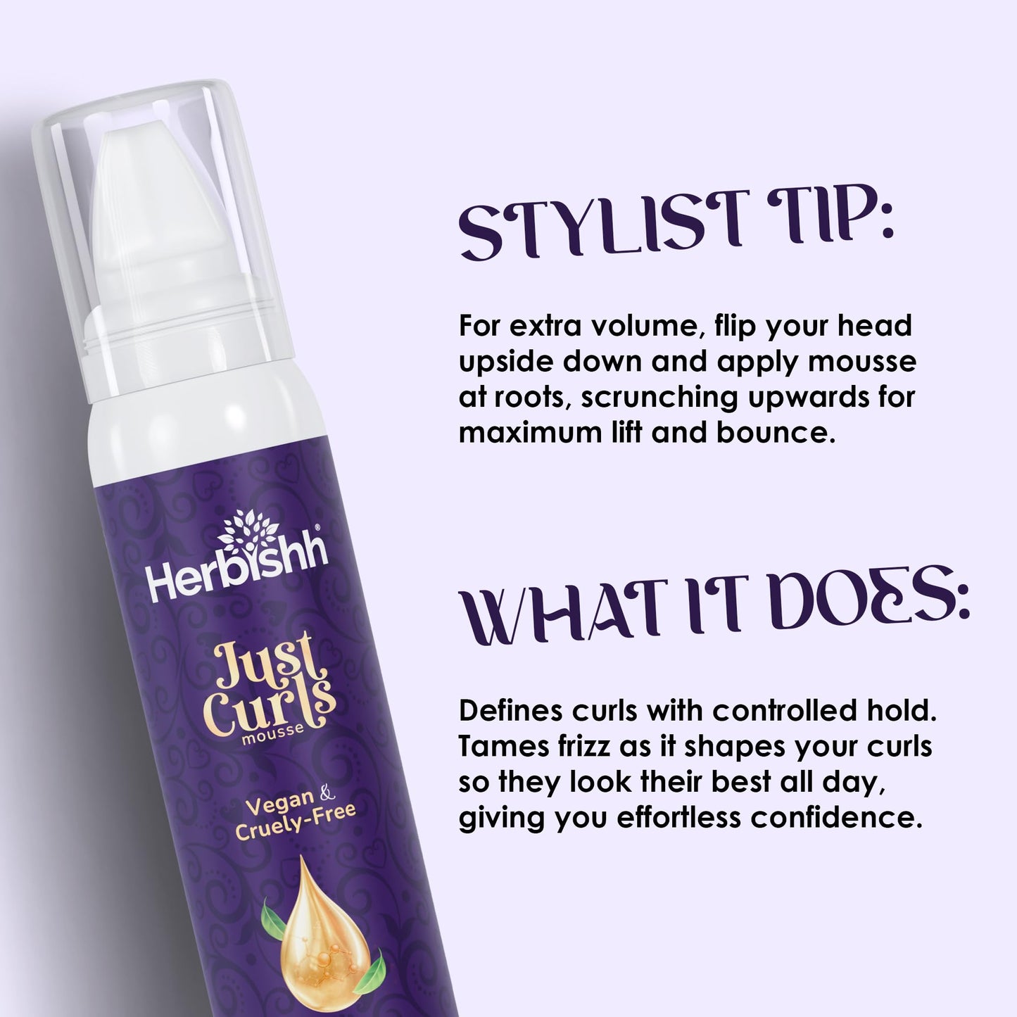 Herbishh Just Curls Weightless Hair Mousse (69g), Volumizing Mousse for Curly & Wavy Hair, Anti-Frizz Styling Foam Mousse, Flexible Hold, Hydrating