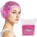 Abnaok Non Woven Disposable Dust Caps, 100 PCS Elastic Caps for Food Industries, Medical Works - Pleated Anti Dust Hat Set Universal Size(Pink)