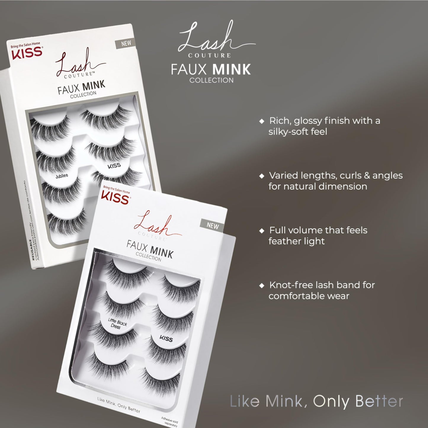 KISS Lash Couture Faux Mink False Eyelashes Multipack, ‘Little Black Dress’, 12mm, Multiple Lengths, Reusable, Cruelty Free, Vegan, Exclusive