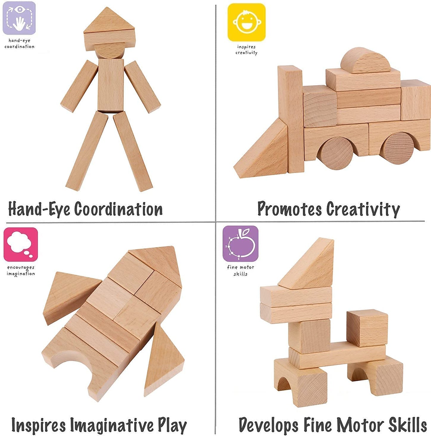 Pidoko Kids Wooden Blocks 100pcs – Natural Beech Wood Building Set with Storage & Shape Sorter Lid, Preschool Learning Toys