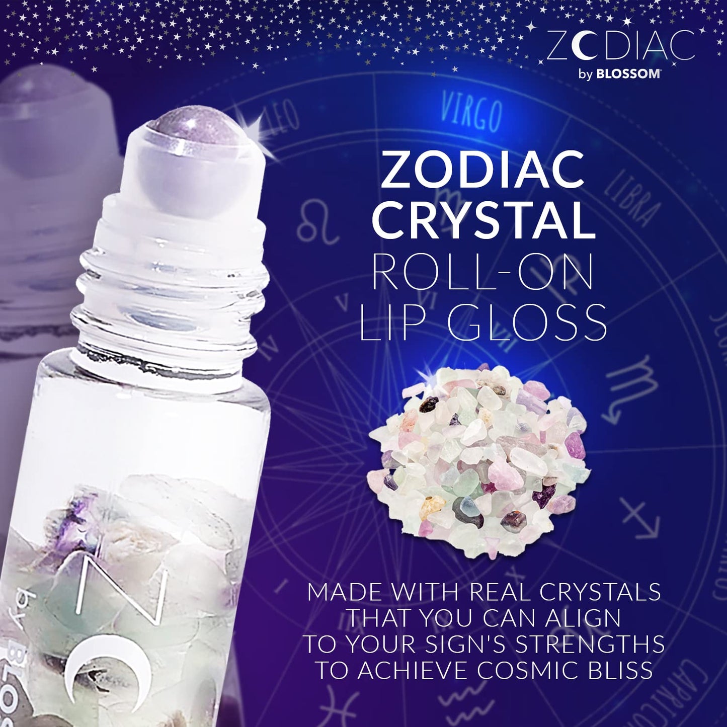 Blossom Lip Gloss Zodiac Sign Vanilla Scented Roll-On Lip Gloss, Moisturizing + Hydrating with Zodiac Crystals, Made in USA, 0.20oz, Virgo