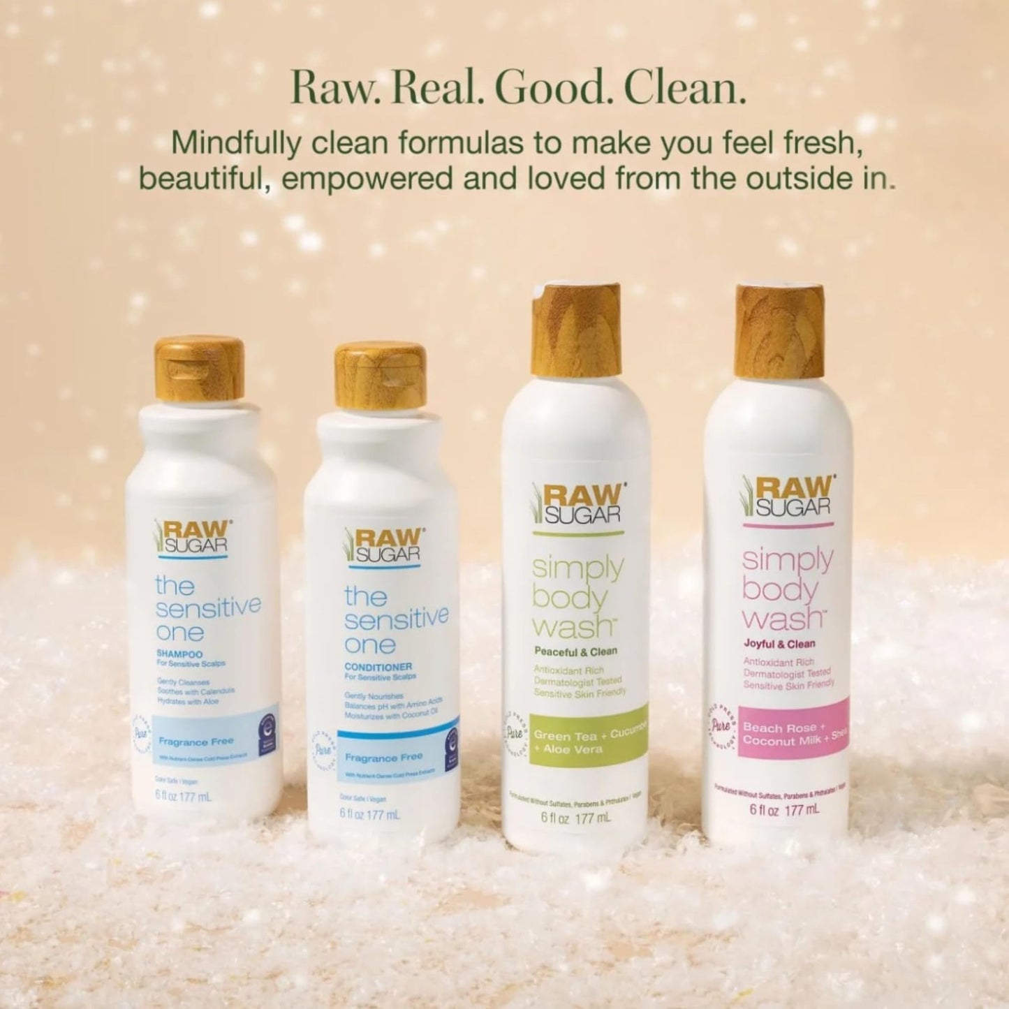 Raw Sugar Holiday Gift Set, Sensitive Skin Collection, Shampoo, Conditioner, 2 Body Washes, 6 fl oz Each