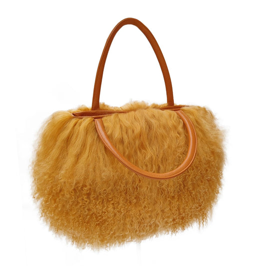 FINILUO Women Luxury Real Lamb Mongolian Flush Wool Fur With Genuine Leather Handles Handbag Camel Fashion FINILUO