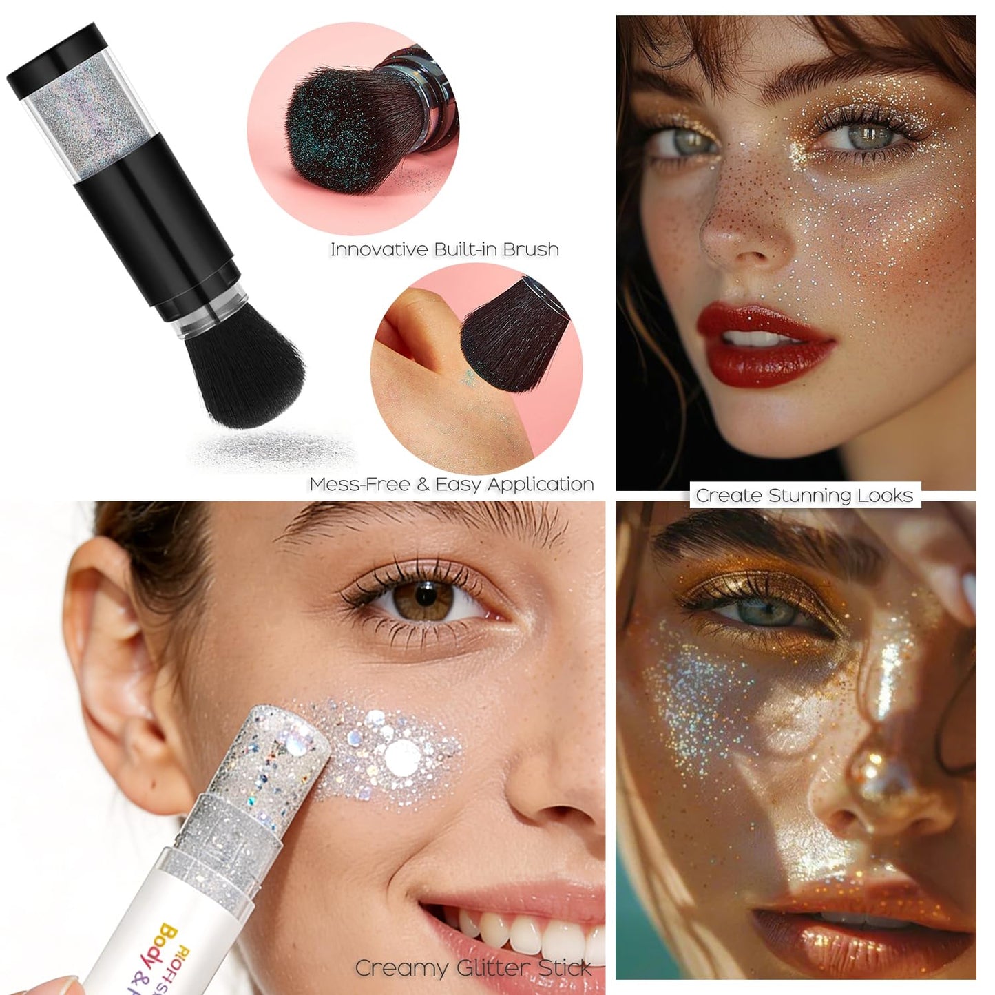 Holographic Mermaid Glitter Makeup Kit: 2-in-1 Body & Face Stick & Loose Powder with Built-in Brush for Festival, Rave, Concert, Carnival | Shimmery