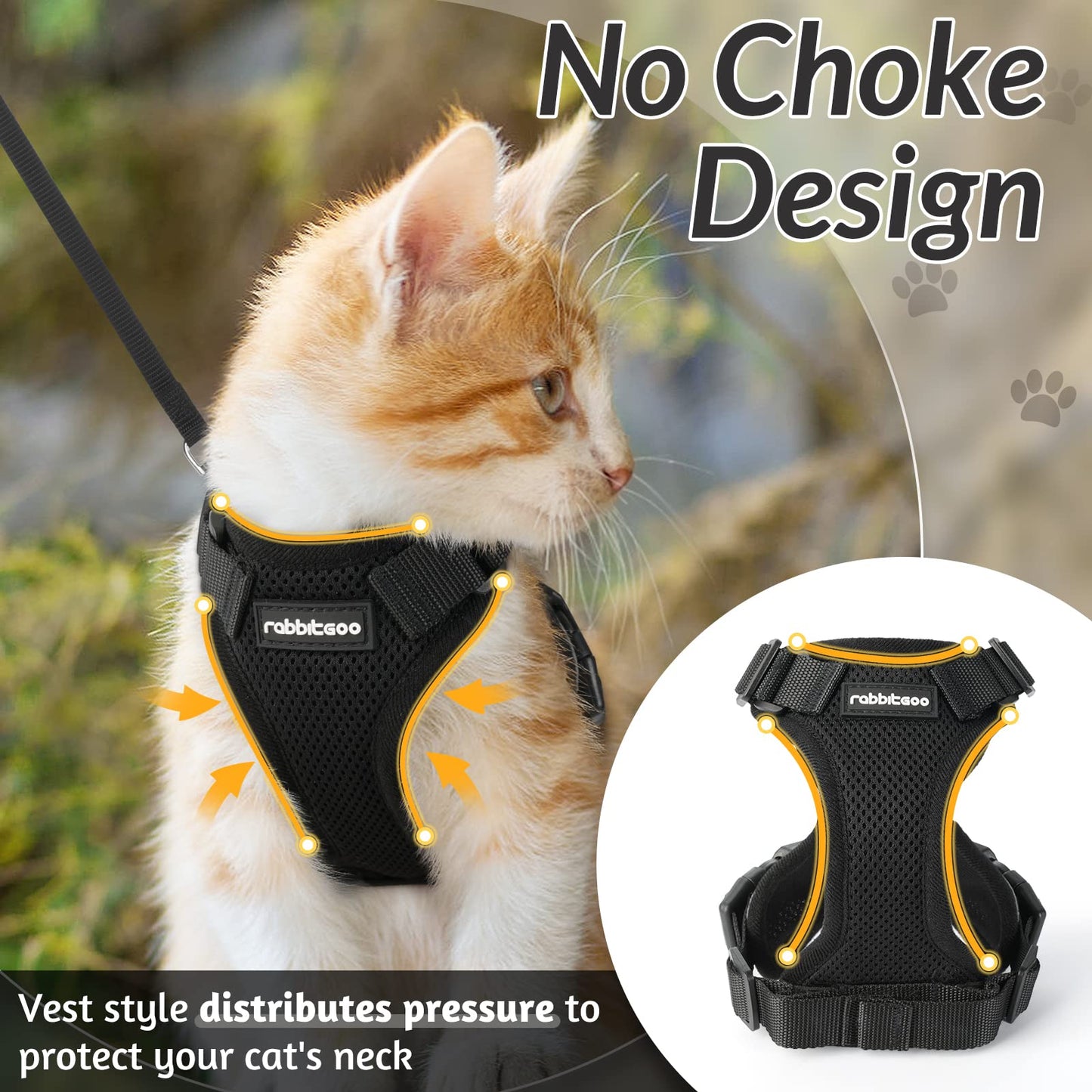rabbitgoo Escape-Proof Cat Harness & Leash – Soft Adjustable Vest with Reflective Strips for Walking, Easy Control, Breathable, Black XS