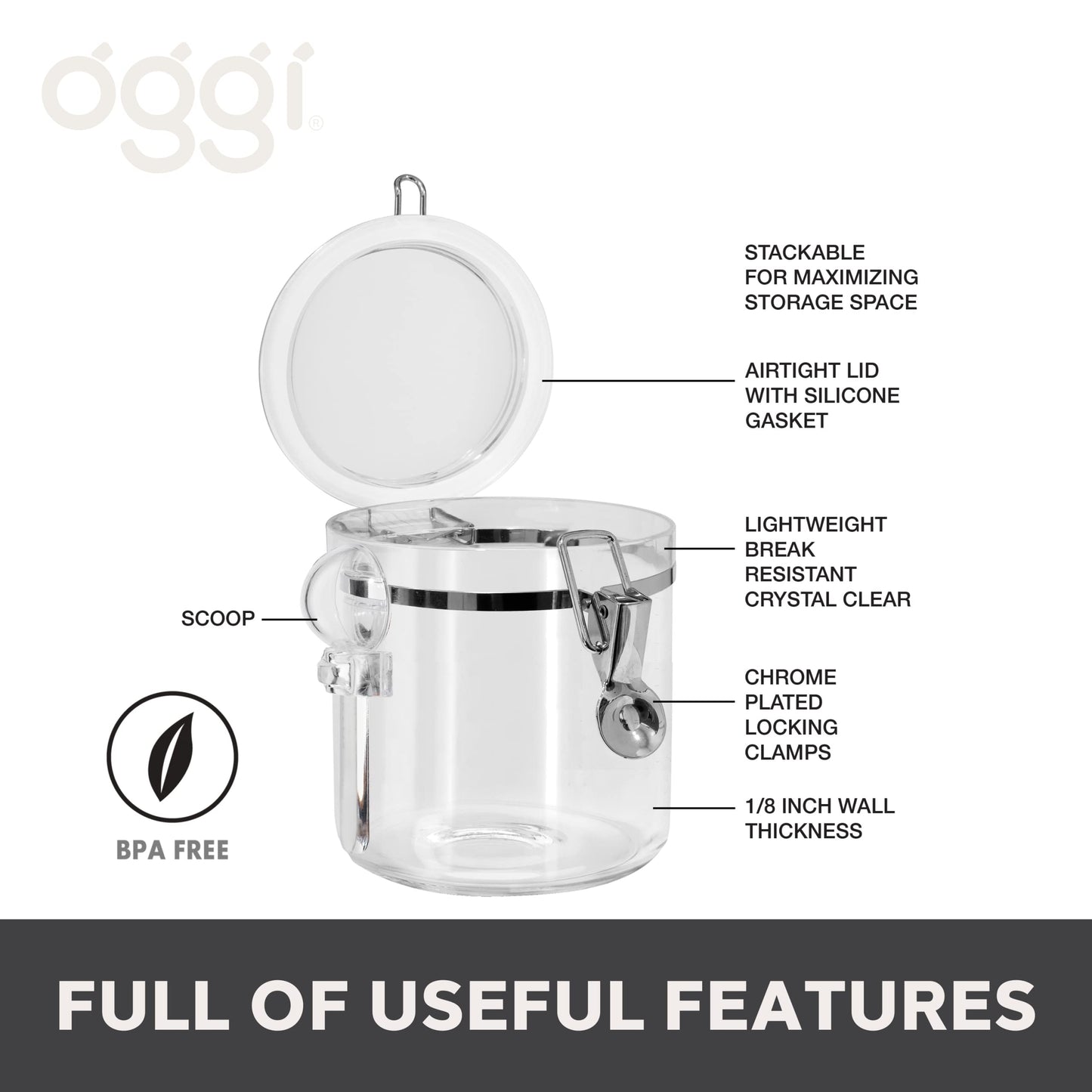 Oggi 4pc Clear Canister Set with Clamp Lids & Spoons - Airtight Food Storage Containers, Ideal for Kitchen & Pantry Storage of Bulk, Dry Food…