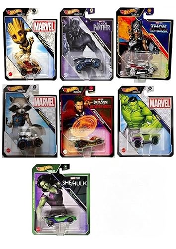 Hot Wheels Marvel Character Cars 7-Pack Vehicles - Groot, Black Panther, Thor, Rocket, Doctor Strange, Hulk, and She Hulk
