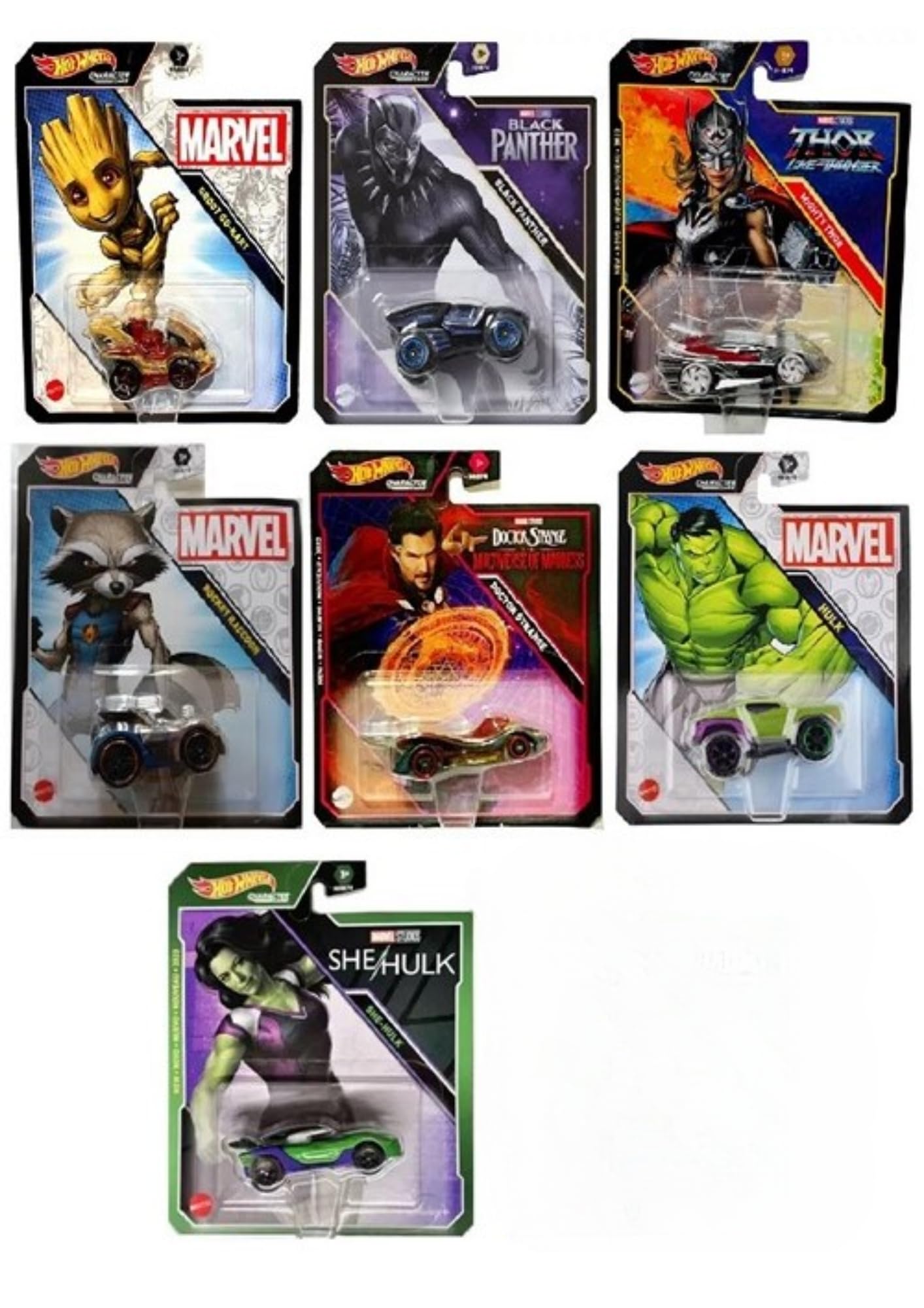 Hot Wheels Marvel Character Cars 7-Pack Vehicles - Groot, Black Panther, Thor, Rocket, Doctor Strange, Hulk, and She Hulk