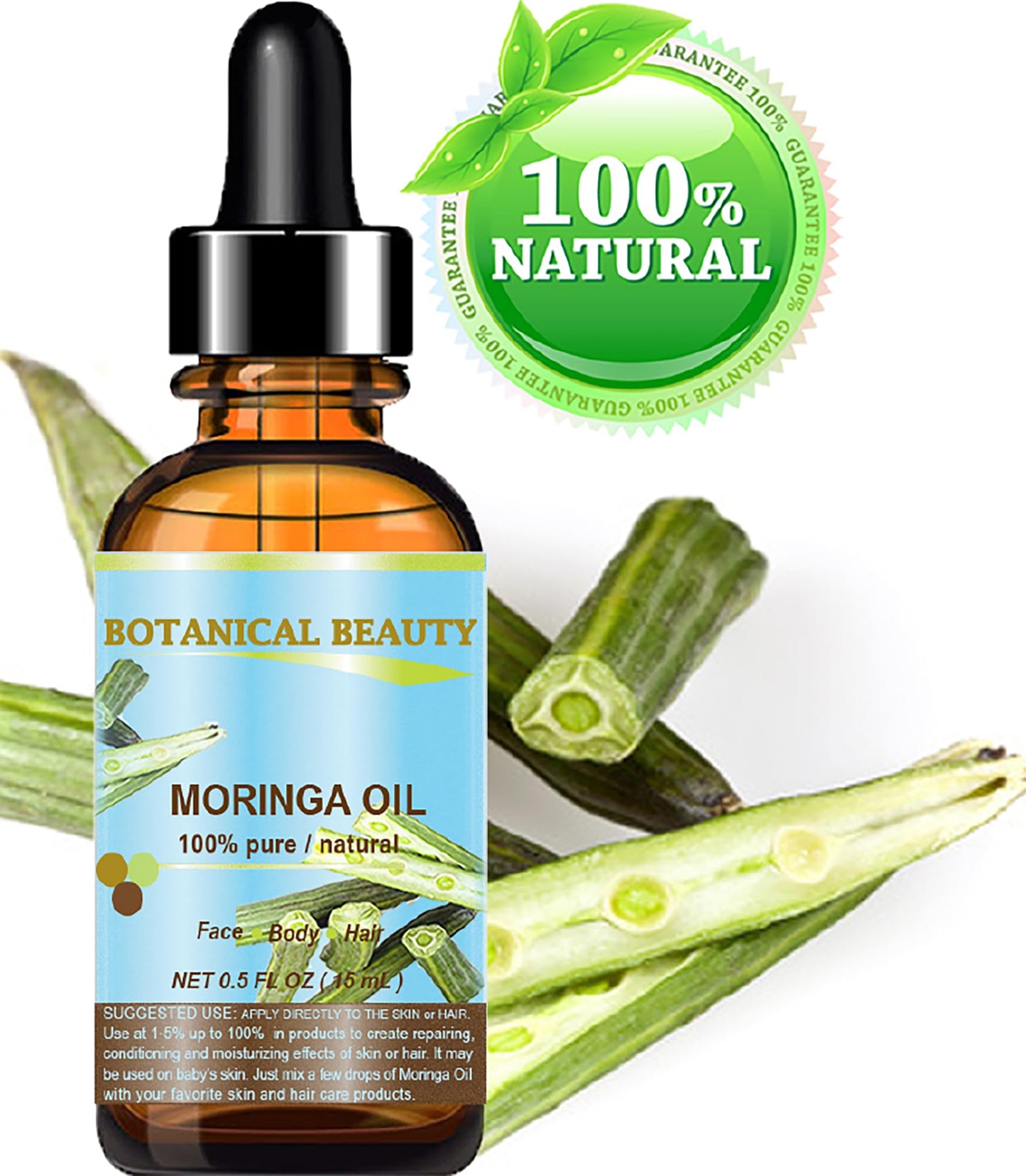 Botanical Beauty Moringa Oil 100% Pure Natural Undiluted Cold Pressed Carrier Oil for Face Skin, Hair, Lips, Nails. Rich in Vitamin C, Vitamin E (0.5