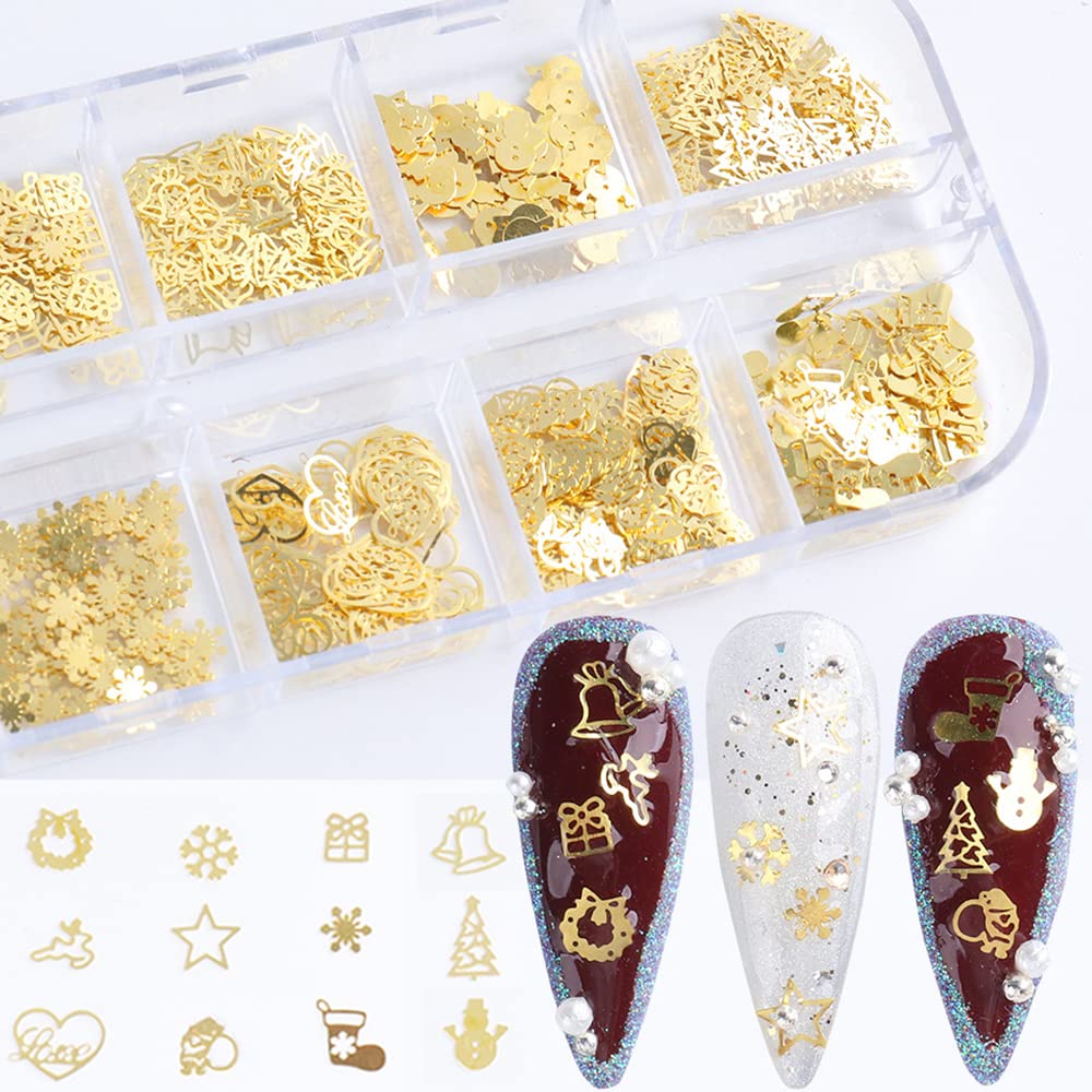 Christmas Nail Art Glitter, 12 Grids Gold Snowflake Nail Charms Snowflakes Snowmen Elk Bell Gift Xmas Tree Christmas Nail Design Winter Confetti