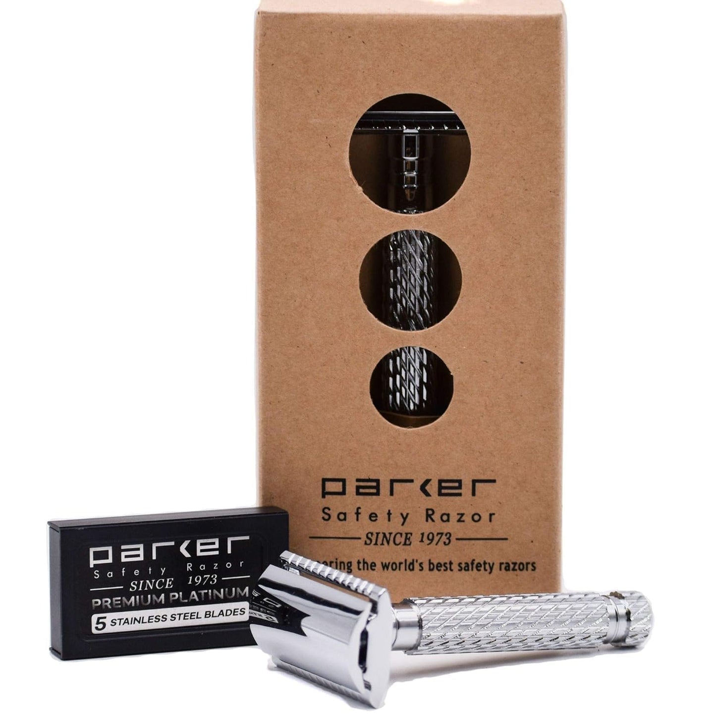 Parker 94R “Hefty” Double-Edge Safety Razor with Standard-Length Handle + 5 Premium Blades - Chrome-Plated Brass, Three-Piece Design, Balanced Weight Beauty and Personal Care Parker Safety Razor