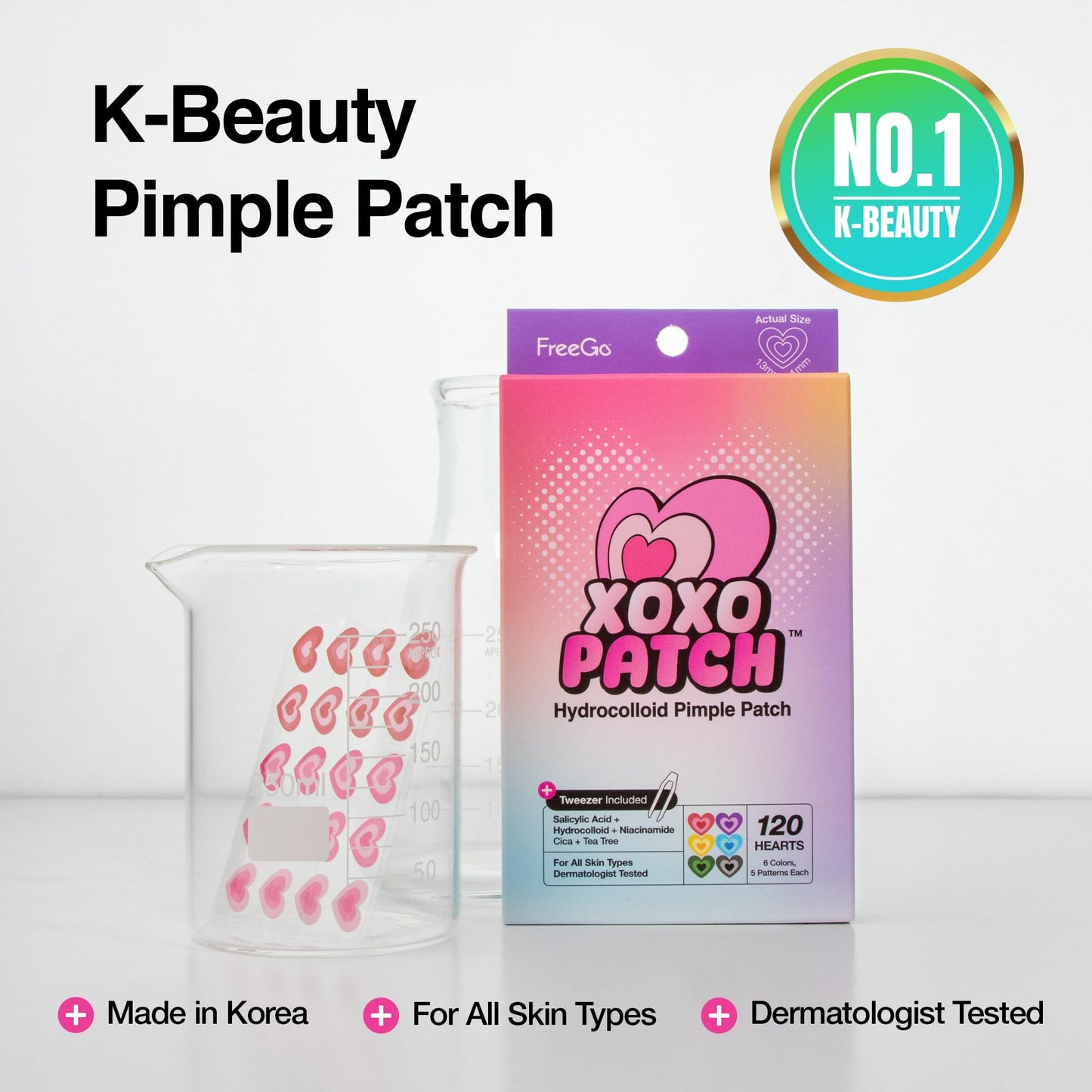 FreeGo XOXO Hydrocolloid Pimple Patch 120 Counts | Cute Colorful Heart Shape | Salicylic Acid, Niacinamide, CICA, Tea Tree | Made in Korea