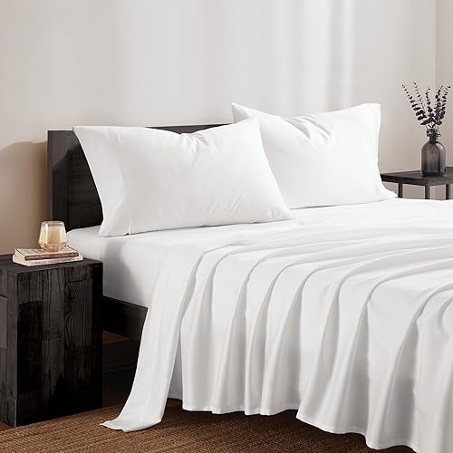 DKNY Queen Sheet Set, 4 Piece Bed Sheets, 100% Cotton Sateen 425 TC, 1 Flat Sheet, 1 Fitted, 2 Pillowcases, Bright White