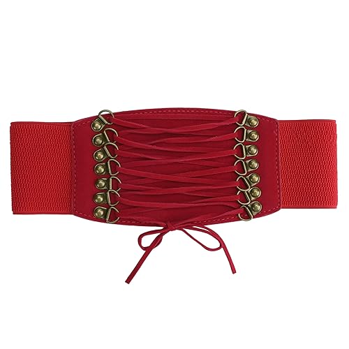 Allegra K Women Stretchy Cinch Waistband Lace Up Corset Belt 7.5CM Width Red-2 One Size