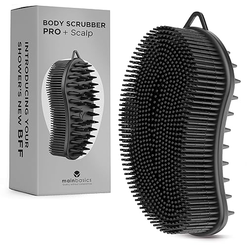 MainBasics Silicone Body Scrubber Dual-Sided Shower Loofah and Scalp Scrubber (Black, Scalp)