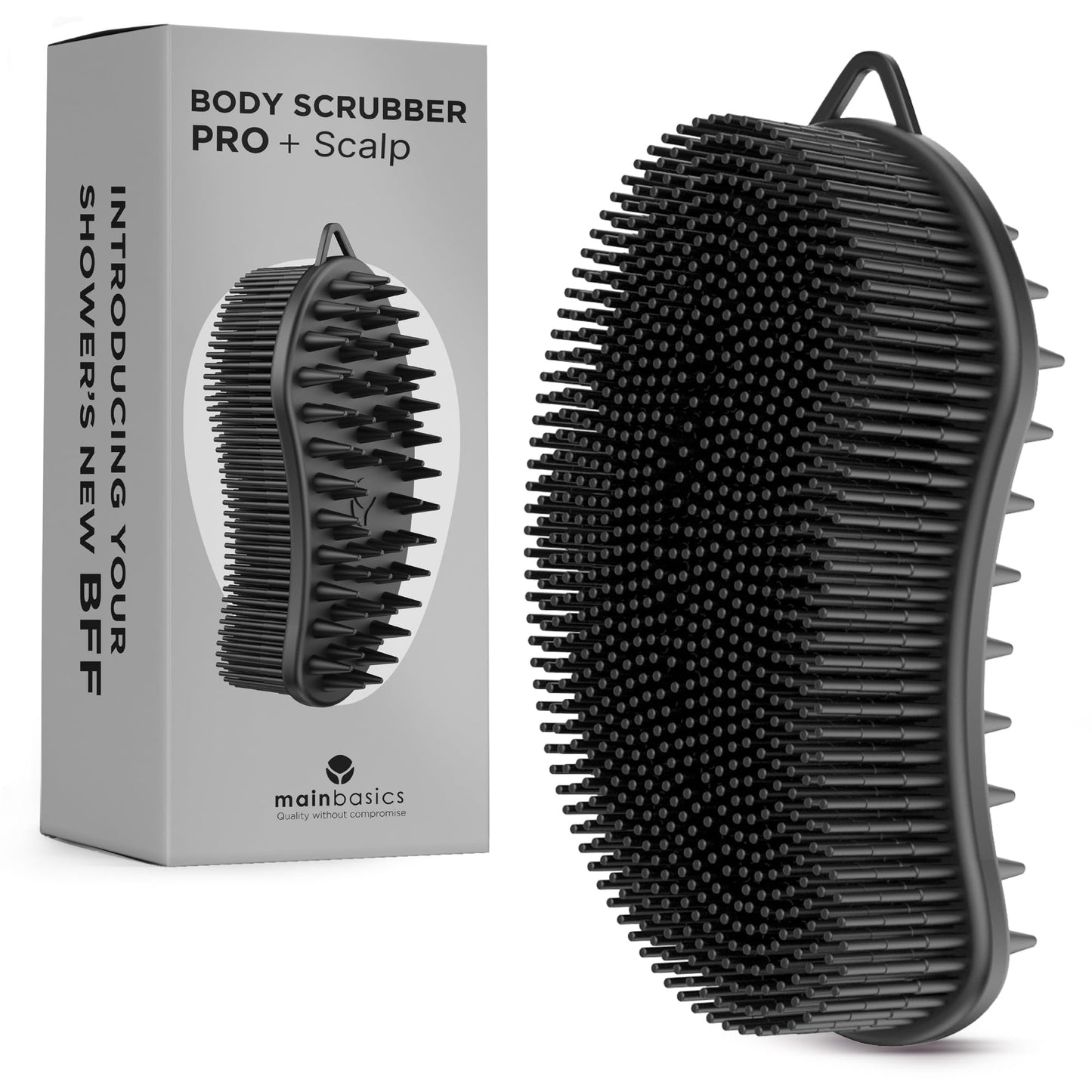 MainBasics Silicone Body Scrubber Dual-Sided Shower Loofah and Scalp Scrubber (Black, Scalp)