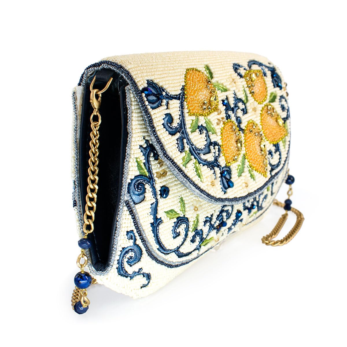 Mary Frances Capri Lemons Beaded Crossbody Handbag - Lemon Fruit Embroidered Evening Clutch Purse with Removable Chain Strap, Multicolor