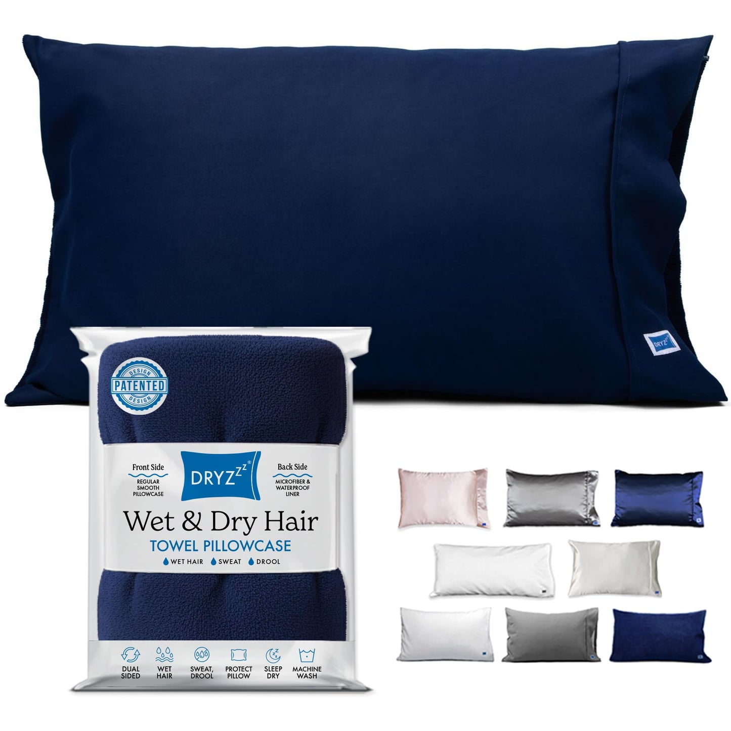 DryZzz Waterproof Pillow Protector Cooling Pillow Case 29"x19" 1pc Navy Blue Standard Size, Absorbent Towel Pillowcase Dual-Sided Wet & Dry Hair,