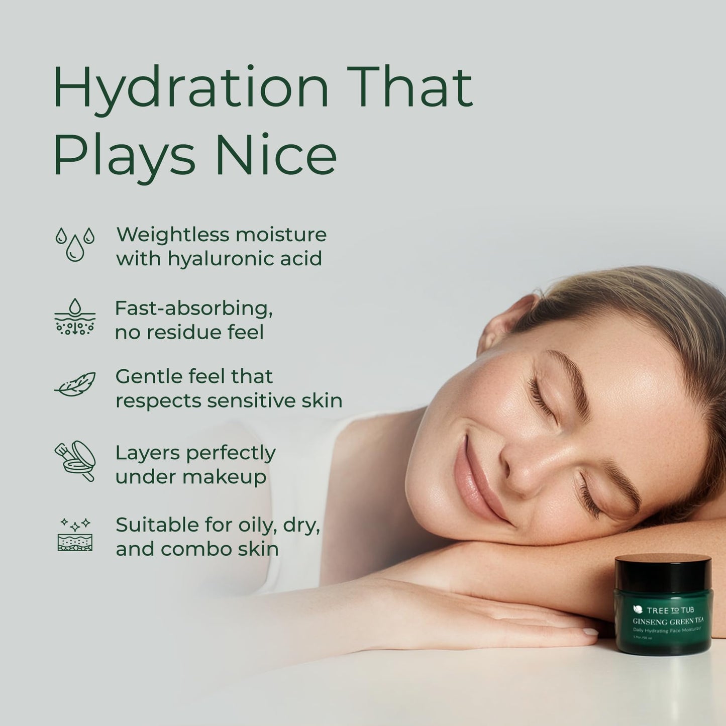 Tree to Tub Hydrating Face Moisturizer for Dry & Sensitive Skin - Water Based Hyaluronic Acid Facial Moisturizer, Moisturizing Face Cream for Women