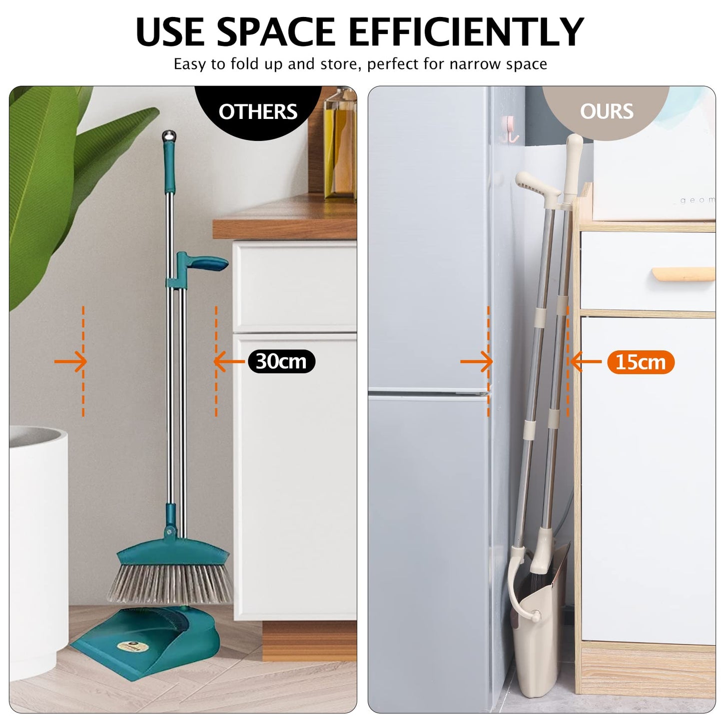 XXFLOWER Broom & Dustpan Set with Long Handle – Lightweight, Upright Stainless Steel Poles, Ideal for Home, Kitchen, Office & Pets